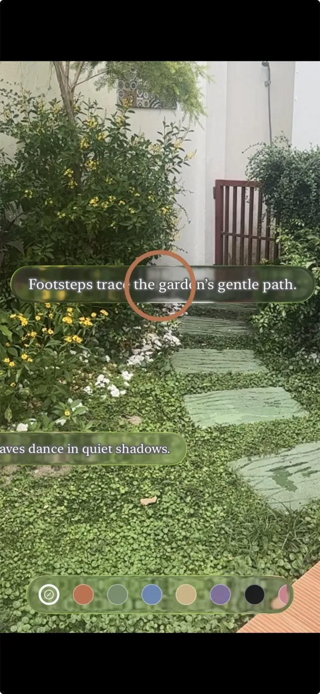 The Reflectar camera framing a garden, with glowing poem lines drifting in