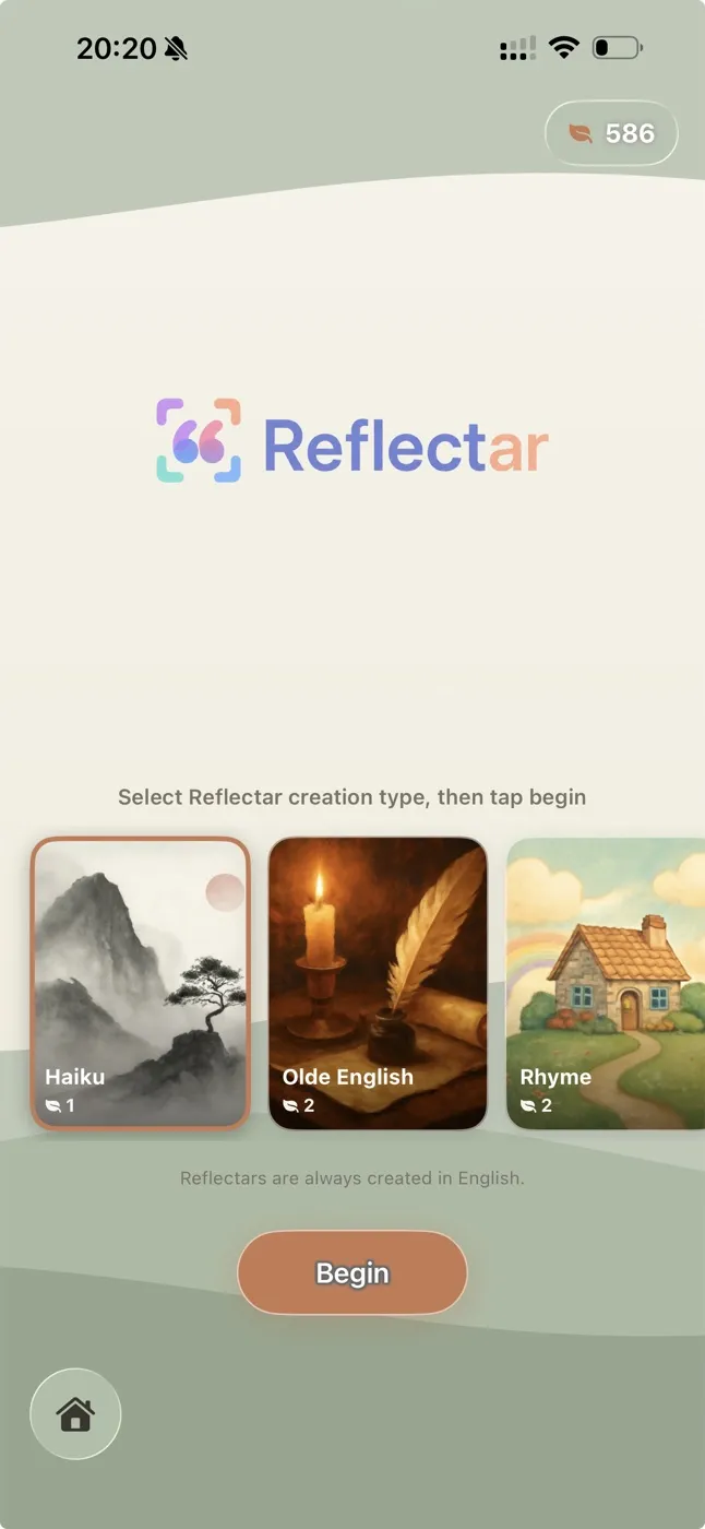 Choosing a poem theme on the Reflectar home screen